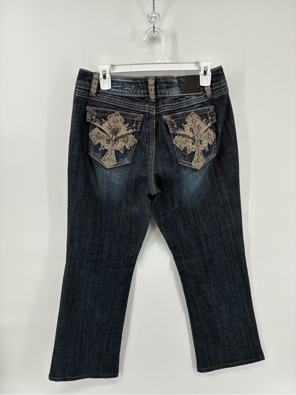 Grace in LA Dark Blue Flare Jeans Denim Cross Embellished Back Pockets Western